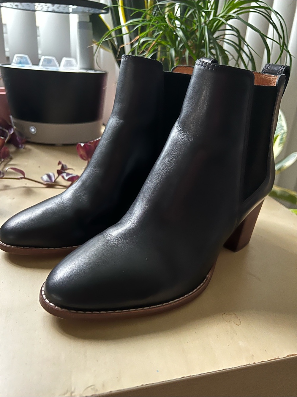 Black Leather Ankle Boots with Brown Heel - Women
